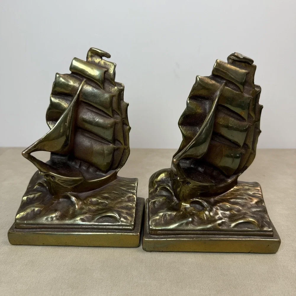 Vintage Bronze Clad Sailboat Bookends Ship Traditional Nautical Decor Gold Tone